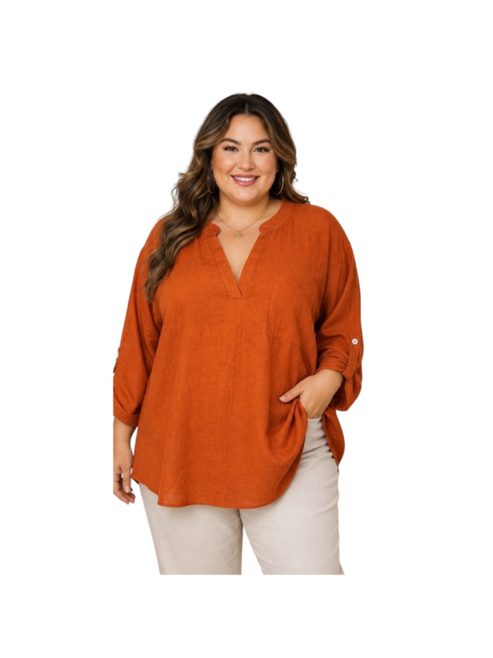 Emery Rose NWT 4XL Rust Orange Plus Size Tunic Blouse Roll Tab Fall Top